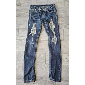 Women's Miss Chic Jeans Denim Blue Size 1 Buttons In Back Distressed Skinny